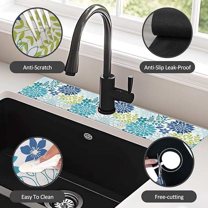 24" X 5.5" Kitchen Sink Splash Guard Faucet Mat Flora Super Absorbent Fast Drying Faucet Guard & Draining Mat Sink Splash Guard Behind Faucet for Kitchen, Bathroom