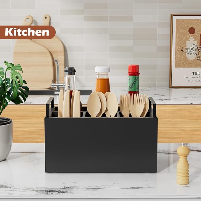 Wooden Silverware Caddy Organizer, Acacia Wooden Silverware Holder, Utensil Holder for Party, Utensil Organizer for Countertop, Black