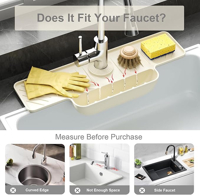 Silicone Faucet Mat with Sponge Holder, Sink Splash Guard, Faucet Draining Mat for Kitchen Bathroom, 5° Slope Split-flow Drainage, Sink Dry and Tidy Organizer, Beige