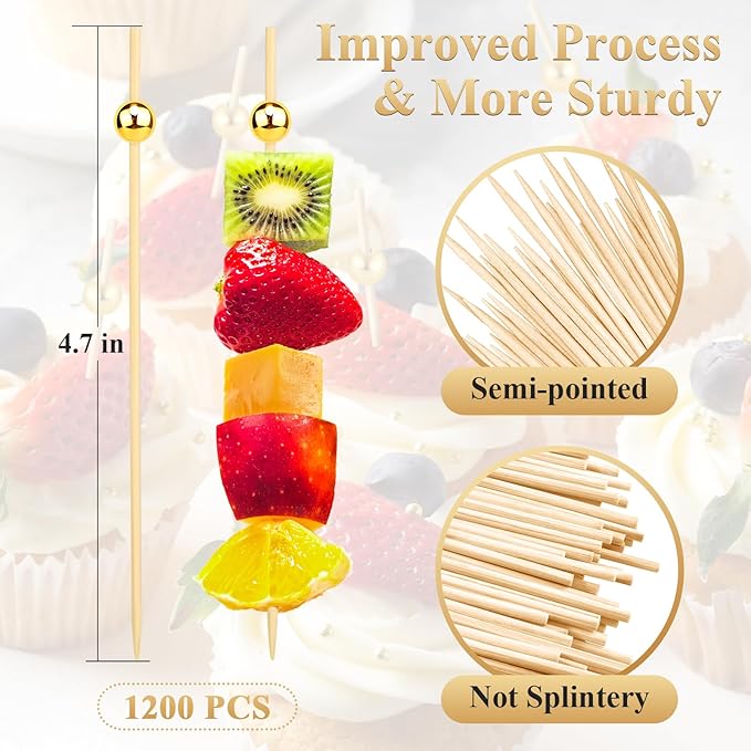 1200PCS Cocktail Picks, Fancy Toothpicks for Appetizers Drinks Food Fruit, 4.7 IN Long Decorative Bamboo Skewers, Gold Pearl Wooden Garnish Sticks for Charcuterie Boards Accessories Party Supplies