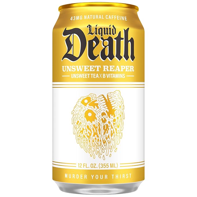Liquid Death Iced Tea - Unsweet Reaper, Less Sugar*, Boost of Caffeine, B Vitamins, No Artificial Sweeteners, 12 Fl Oz (Pack of 12)