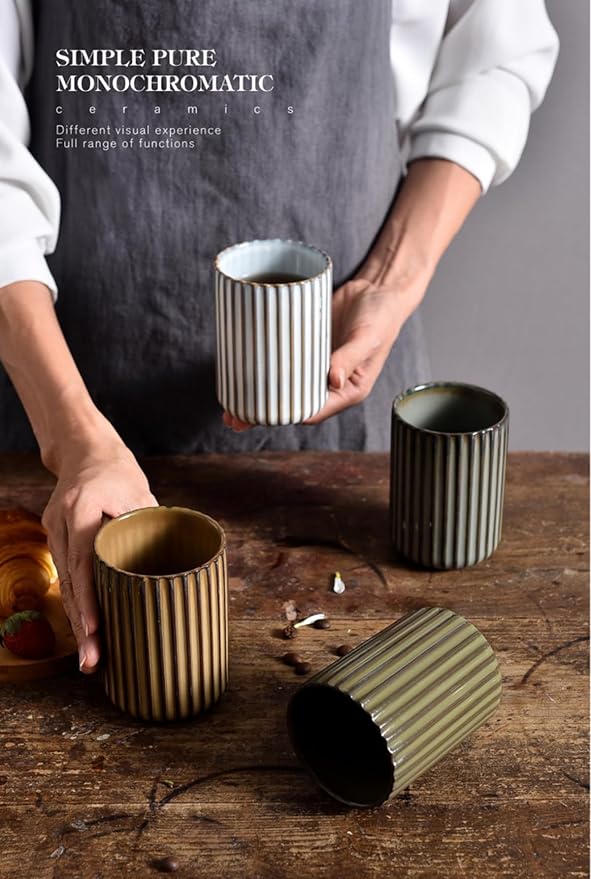 TOPYOKK Stoneware Coffee Bar Utensil Holder Tea & Coffee Spoon & Stirrer Holder for Stir Stick Straw Teaspoon Holder Spoon Cup Small Utensil Jar Fluted Vertical Stripe (Bronze)