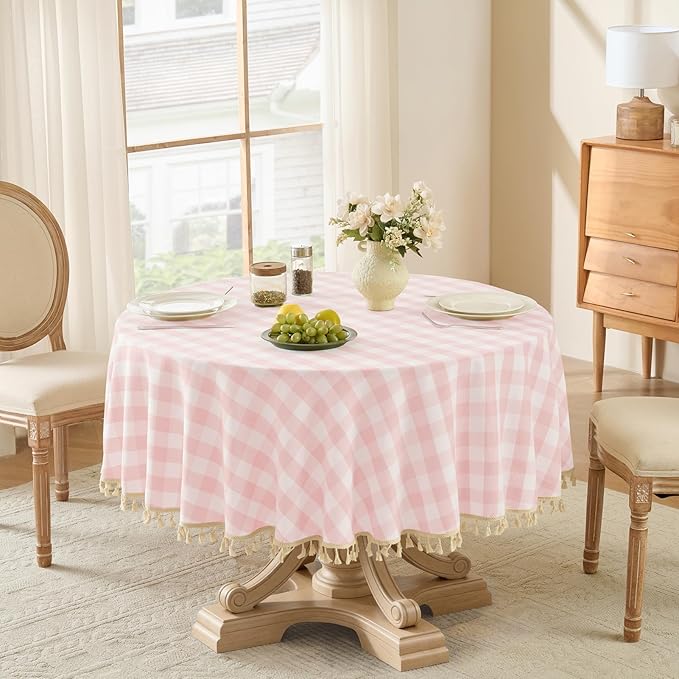 Softalker Pink Gingham Tablecloth 70 x 70 Inch Round, Outdoor Linen Cotton Checkered Table Cloth with Tassel, Heavy Duty Wrinkle Free Buffalo Plaid Table Cover for Kitchen Dining Home Party