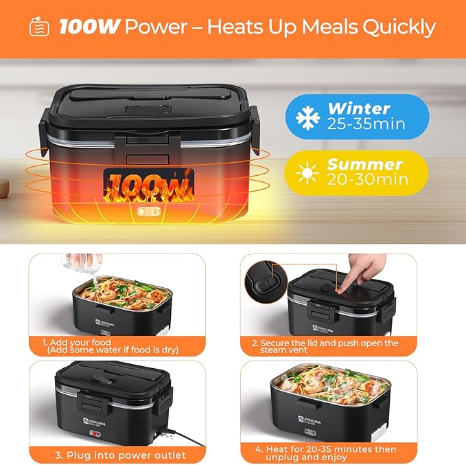 Annie & Mia Design Electric Lunch Box for Adults, 100w 1.8L Portable Food Warmer for men Heated Lunch Box for Adults, Home/Car/Office/Truck Use, Lonchera Eléctrica Portátil