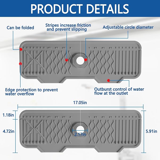 Sink Splash Guard Gen2-17" x 6'' Kitchen Sink Accessories,Silicone Sink Mat Splash Guard,fit for Countertop, Bathroom,Farmhouse,RV by EBIGIC (Grey)