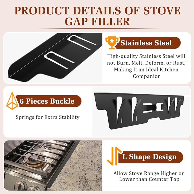 Stainless Steel Stove Gap Covers - Oven Gap Filler Kit 25.4" Between Stove & Counter Top - Heat Resistant Slide-in Range Trim Guard for Seamless Kitchen Accessories Easy Clean