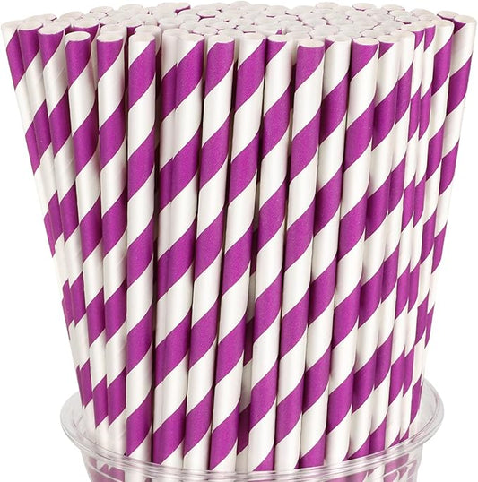 100 Packs Purple Biodegradable Striped Paper Straws, Disposable Drinking Straws for Birthday Carnival Summer Pool Party Wedding Baby Shower Halloween Christmas Party Decoration Supplies