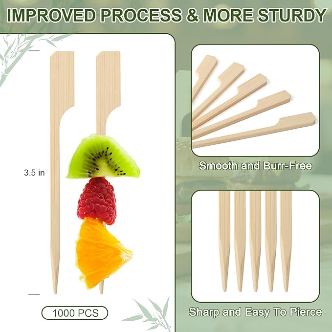 1000 Cocktail Picks, 3.5 IN Small Bamboo Skewers for Appetizers, Cupcake Topper Sticks, Flat Paddle Wood Fancy Toothpicks for Appetizers Drink Food Sandwich Fruit Charcuterie Boards Accessories Party