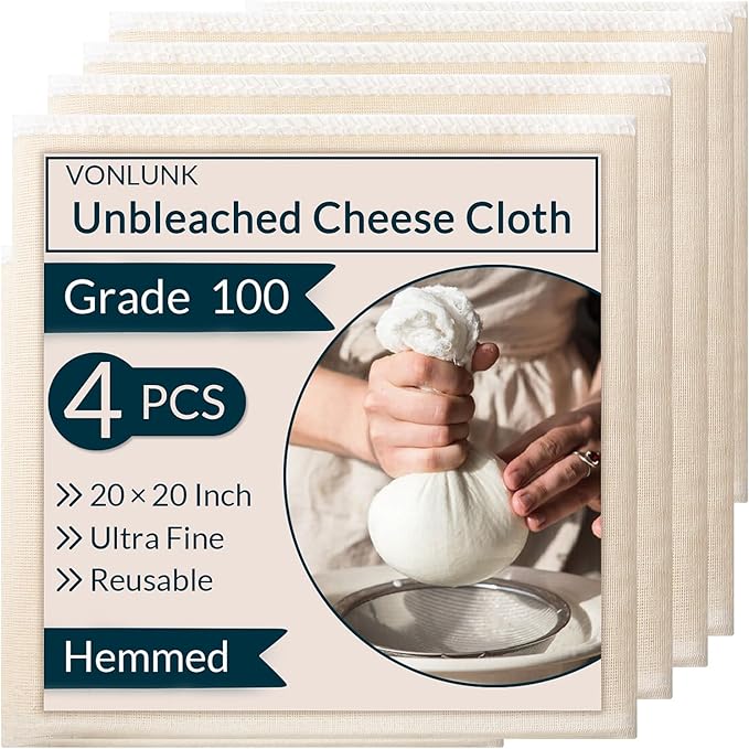 4-Pack Cheesecloth, 20x20 Inch Hemmed Cheese Cloth for Straining, Reusable Unbleached Cotton Strainer for Cooking, Baking, Juicing, and Cheese Making (Grade 100)