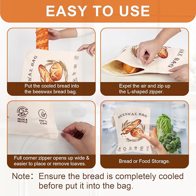2 Pack Reusable Beeswax Bread Bags for Sourdough, Cotton Bread Bag with Wide Zipper Opening & Handle, XL Bread Bags for Homemade Bread, Keeps Bread Fresh Longer