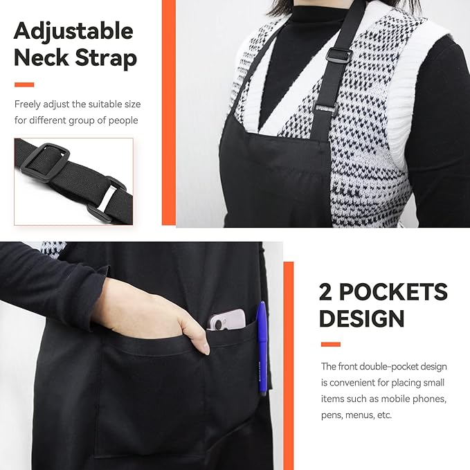 NLUS 2 Pack Kitchen Cooking Aprons, Adjustable Bib Soft Chef Apron with 2 Pockets for Men Women (Black,2)
