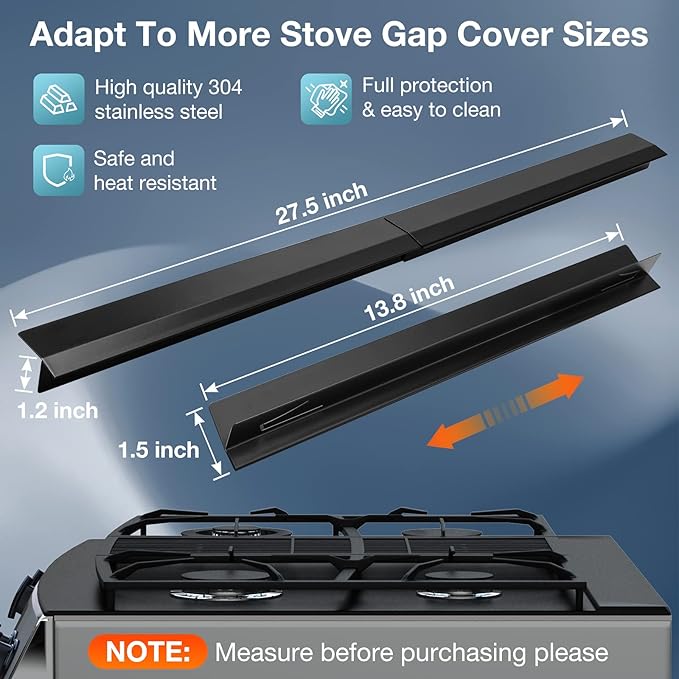 2PCS Kitchen Stove Counter Gap Covers, Stainless Steel Stove Gap Guard, Cooktop Trim Kit, Stove Gap Guards, Oven Gap Filler, Heat Resistant & Effectively Protect Stove Gap Filler(13.8"-27.5" Black)