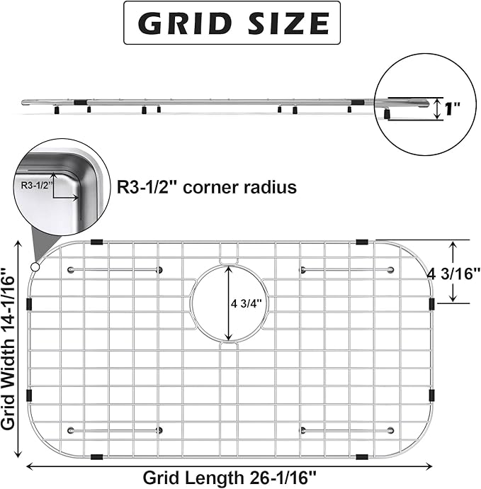 Sink Protector Grid 26-1/16" x 14-1/16", Rear Drain with Corner Radius 3-1/2", 304 Stainless Steel Material Sink Bottom Grid for Single Bowl Sink, Premium Sink Rack