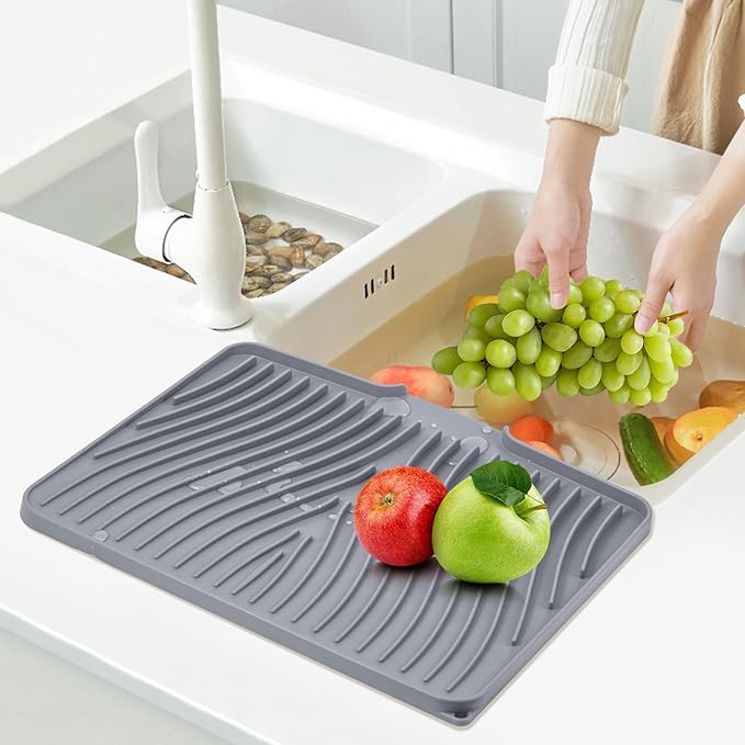 Silicone Dish Drying Mat, Stone Drying Mat for Kitchen Counter with Built-In Drain, Non-Slip Drain Pad with Built-in Drain, Heat Resistant Stone Drying Mat, Hangable, Grey-2pcs, 16" x 12"