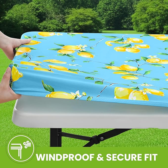 Smiry Spandex Fitted Tablecloth for 4 Foot Rectangle Tables, Washable Picnic Table Cover with Elastic, Stretch Reusable Table Cloth for Outdoor, Camping, Dining & Kitchen (Lemon, 24"x48")