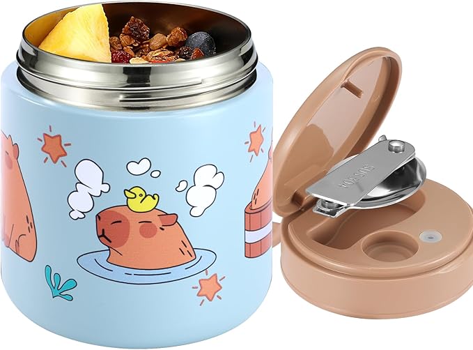 Kids Thermo Food Jar for Hot Food, 15.2 oz Vacuum Insulated Hot & Cold Lunch Container with 316 Stainless Steel Interior, Wide Mouth Soup Jar for School (Capybaras Blue)