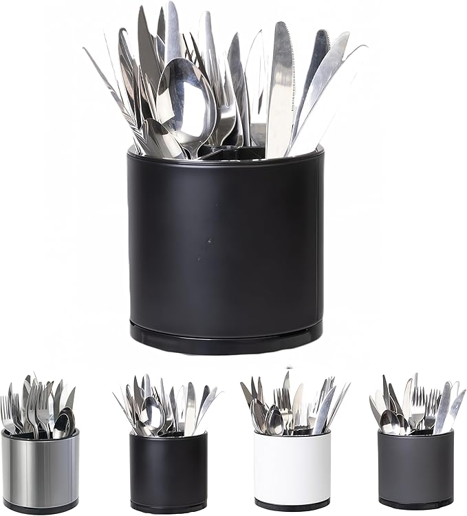 Silverware Organizer Kitchen Utensil Holder 360°Rotating For Counter Organizer Stainless Steel Storage Silverware Caddy 3 Compartment Flatware Spoon Spatula Tool Cutlery Container(Black)