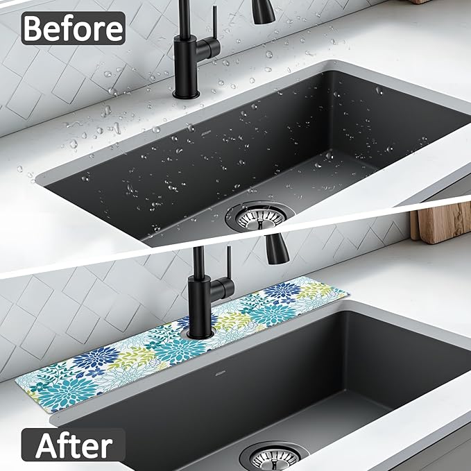 24" X 5.5" Kitchen Sink Splash Guard Faucet Mat Flora Super Absorbent Fast Drying Faucet Guard & Draining Mat Sink Splash Guard Behind Faucet for Kitchen, Bathroom