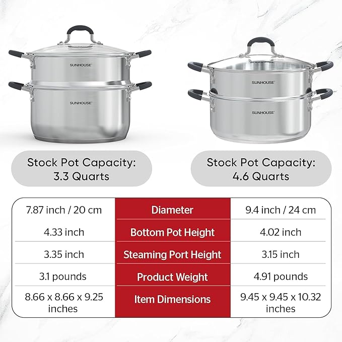SUNHOUSE Stainless Steel Steamer Pot for Cooking - 3.1 QT Steaming Pot with Glass Lid & Steamer Basket - 2 Tier Tri-ply Vegetable Steamer with Stay-Cool Silicone Handles - Induction Compatible