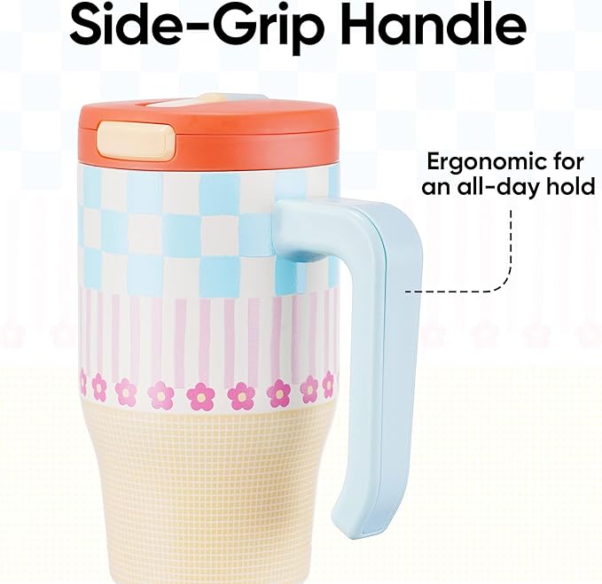 Fijinhom 18 oz Toddler Tumbler with Handle, Stainless Steel Insulated Water Bottle Coffee Mug with Straw, Toddler Cups, Kids Water Bottle for School, Sports, Travel, Checkered Petal