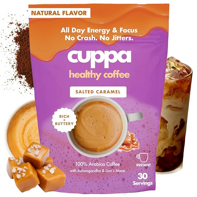 Cuppa Salted Caramel Mushroom Coffee with Adaptogens & Superfoods - Lion’s Mane, Ashwagandha & Cordyceps. Adaptogens + MCT to support natural energy, mental focus & gut health (30 Servings)