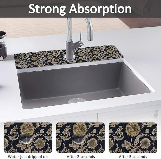 2PCS 24" X 5.5" Kitchen Sink Splash Guard Faucet Mat Floral Flower Super Absorbent Fast Drying Faucet Guard & Draining Mat Sink Splash Guard Behind Faucet for Kitchen, Bathroom