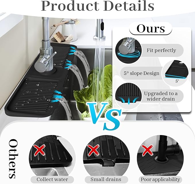 PoYang 24 Inch Faucet Mat for Kitchen Sink Splash Guard Behind Faucet, Sink Protectors for Kitchen Sink Faucet Mat Splash Guard for Kitchen Sink Area, Longer Silicone Faucet Guard Draining Mat, Black