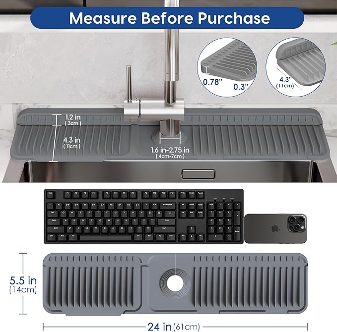 24 Inch Silicone Faucet Mat for Kitchen Sink Splash Guard - 7° Slope Upgraded Water Draining Mat with Fasten Button for Bathroom Area (Dark Grey, 24''x5.5'')