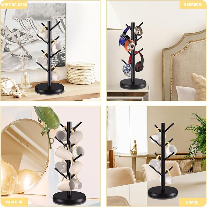 Mug Holder Tree,New Upgraded 360° Rotated 8 Hooks Coffee Cup Holder for Counter,Sustainable Wood Mug Rack Standing for Coffee Bar Accessories and Organizer Station(Black)