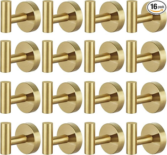 16pcs Gold BathTowel Hooks Robe Coat Bathroom Wall Hook Stainless Steel Heavy Duty Door Hanger Towel Robe Clothes Cabinet Closet Sponges for Bathroom Bedroom Kitchen Hotel Pool