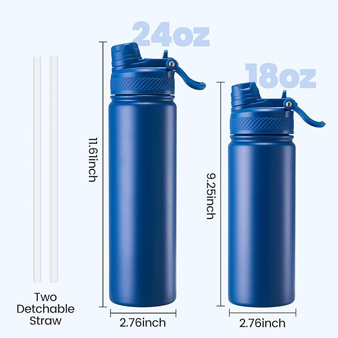 Fijinhom 24 oz Insulated Water Bottle, 2-in-1 Straw and Spout Lid Stainless Steel Thermos, Leak-Proof, Double Wall Vacuum Flask, Keep Cold 24H for Outdoor, Sports, Travel, School (Blue)