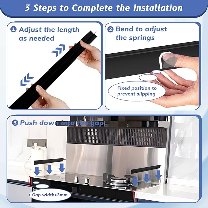 Stove Gap Covers Stainless Steel 2 Packs, 13.8~27.6 Inch Adjustable Heat Resistant Not Sharp Gap Filler, Easy to Clear Stove Counter Gap Cover Suitable for Even Surface (Black)