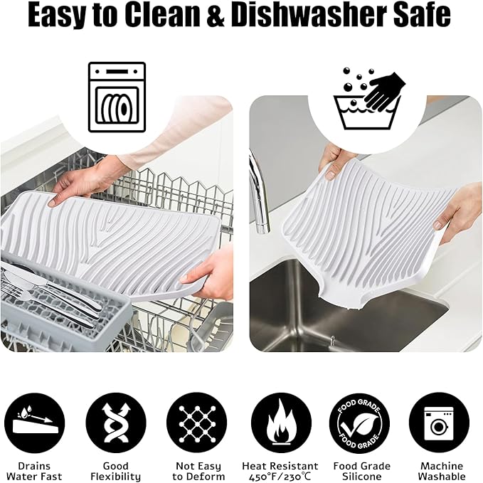Silicone Dish Drying Mat, Stone Drying Mat for Kitchen Counter with Built-In Drain, Non-Slip Drain Pad with Built-in Drain, Heat Resistant Stone Drying Mat, Hangable, White-2pcs, 20" x 15"