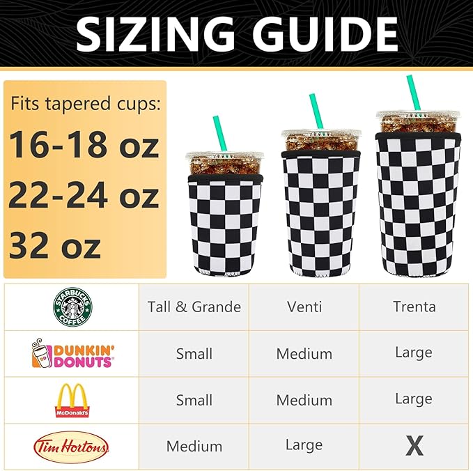 YR Reusable Neoprene Insulator Sleeve for Iced Coffee Cups, 3 Pack Coffee Coolies sleeves for Iced & Hot Drinks, Cold Beverage Cooler Compatible with Starbucks Coffee and More (Checkerboard Pattern)