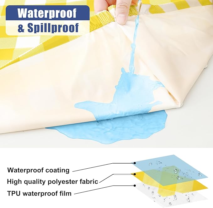 Smiry Picnic Table Cloth 2 Pack, Waterproof Elastic Fitted Tablecloths for 8FT Rectangle Tables, Washable Polyester Buffalo Plaid Tablecloth for Camping, Dining & Outdoor (Yellow & White, 30" x 96")