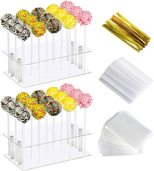 HENABLE 2 Pack Cake Pop Stand with Sticks & Wrappers, 15 Holes Acrylic Cake Pops Holder Disply, Clear Cake Pops Sticks Kit, Lollipop Hold Stand for Drying, Dessert Table, Party Supplies