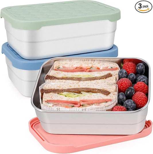 Caperci 25oz Large Stainless Steel Food Containers, 3-Pack Bento Lunch Box with Silicone Lids, Leak-Proof Reusable Meal Prep Container for Sandwiches & Snacks, BPA-Free (720ML)