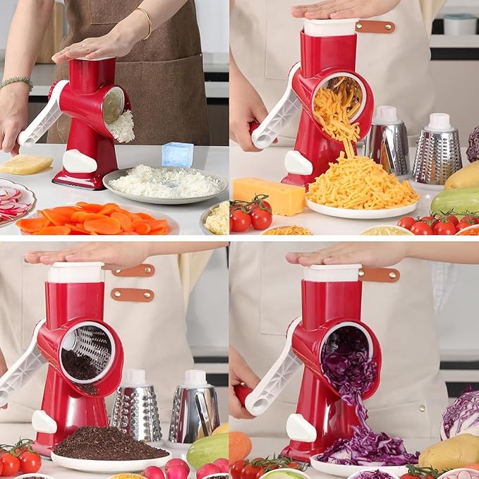 KalraMay Rotary Cheese Grater with Handle, Multifunctional Kitchen tool, Stainless Steel Rotary Grater Slicer for Fruit, Vegetables, Nuts (Red)