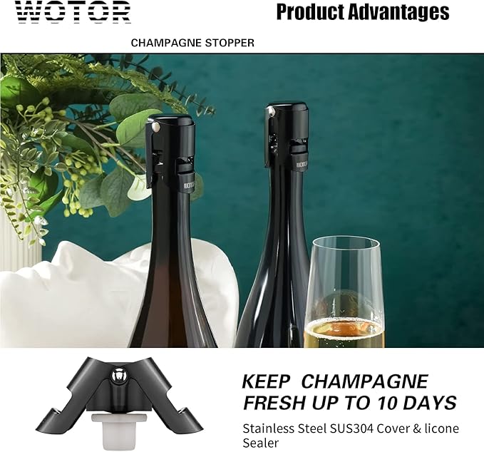 WOTOR Stainless Steel Champagne Stoppers - Champagne Bottle Stoppers with Silicone Seal, Reusable Cork & Saver, Suitable for Prosecco & Sparkling Wine, Black, 2 Pack