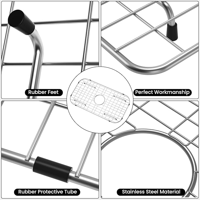 Sink Protector Grid 26-1/16" x 14-1/16", Centered Drain with Corner Radius 3-1/2", 304 Stainless Steel Material (Centered Drain)