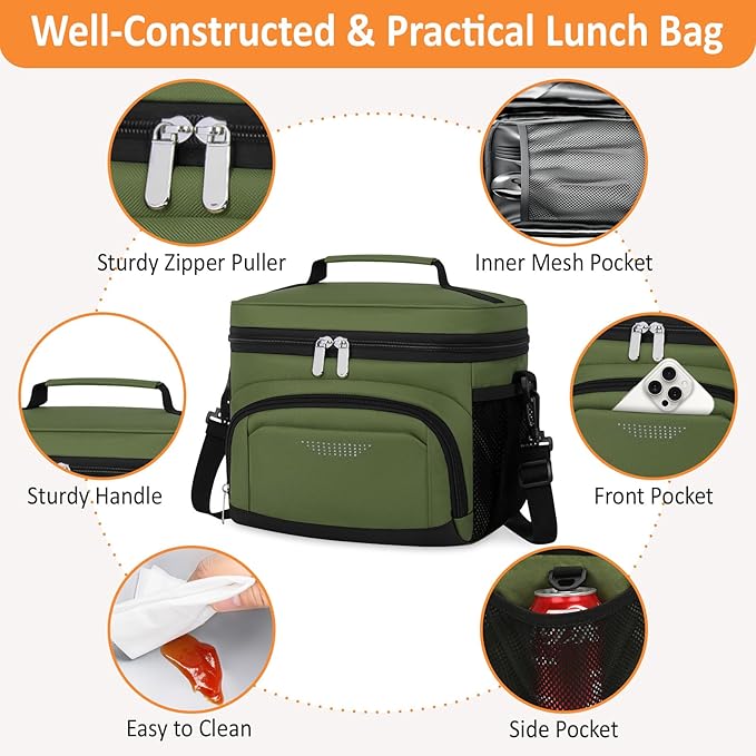Vankor Large Insulated Lunch Bag for Men Women kids, Reusable Lunch Box kids Leakproof with Adjustable Shoulder Strap for Work Teacher School Picnic Beach Travel, Green