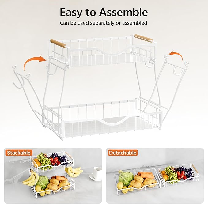2 Tier Fruit Basket for Kitchen Countertop with 2 Banana Hangers,Detachable Metal Fruit Bowl with Wooden Handles and Protective Pads,Large Capacity Fruit and Vegetable Basket Organizer,White