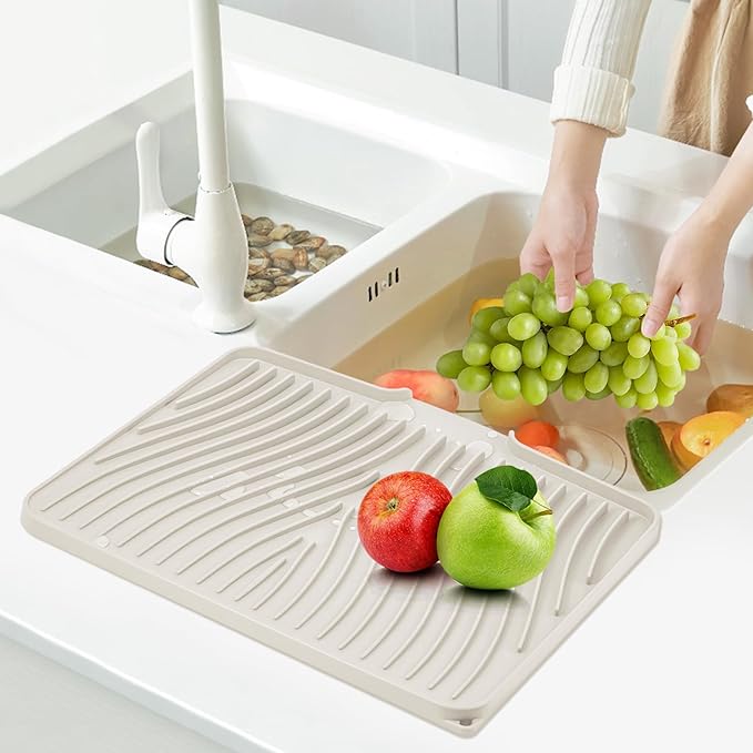 Silicone Dish Drying Mat, Stone Drying Mat for Kitchen Counter with Built-In Drain, Non-Slip Drain Pad with Built-in Drain, Heat Resistant Stone Drying Mat, Cream-2pcs, 16" x 12"