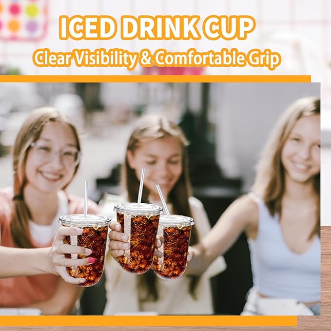 Alaeseje 50 Pack Clear Plastic Cups with Lids and Straws,16 oz Disposable Iced Coffee Cups,PET Crystal Cups,Round Bottom To Go Cup for Iced Coffee Juice Smoothie Cold Beverage