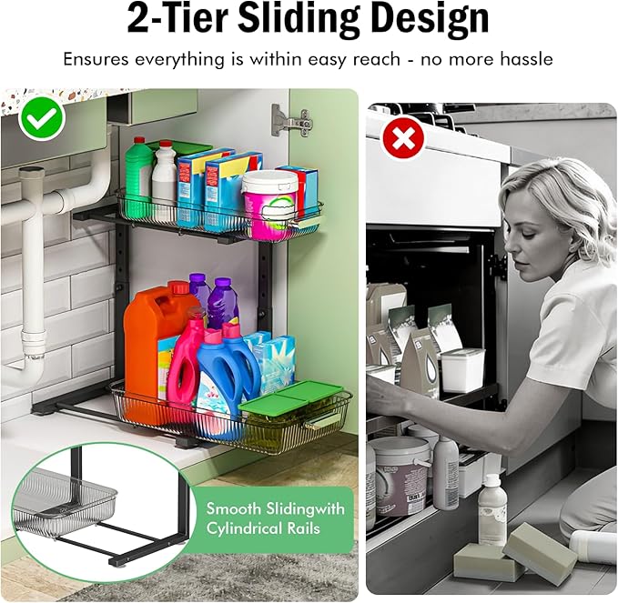 2 Pack Double Sliding Under Sink Organizers and Storage,Two Tier Bathroom Storage and organization,Under Cabinet Organizer, Clear