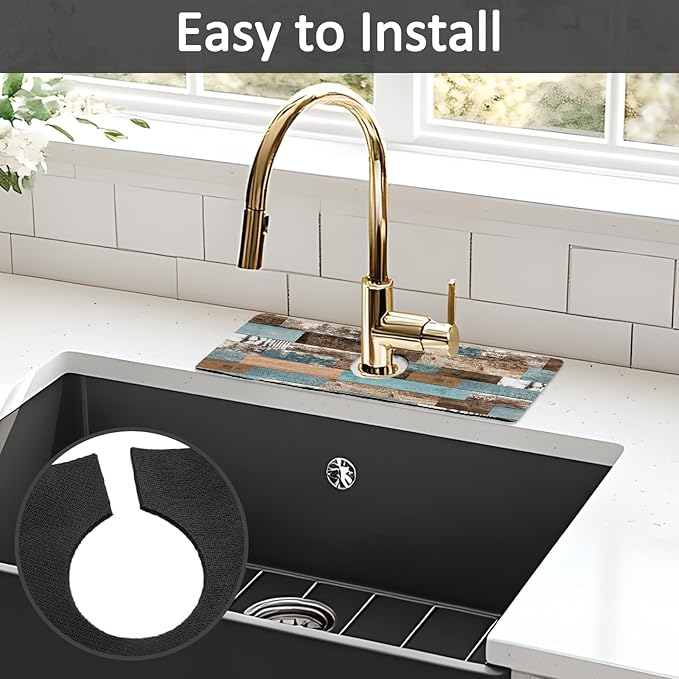 2PCS 15" X 5.5" Kitchen Sink Splash Guard Faucet Mat Wood Grain Super Absorbent Fast Drying Faucet Guard & Draining Mat Sink Splash Guard Behind Faucet for Kitchen, Bathroom