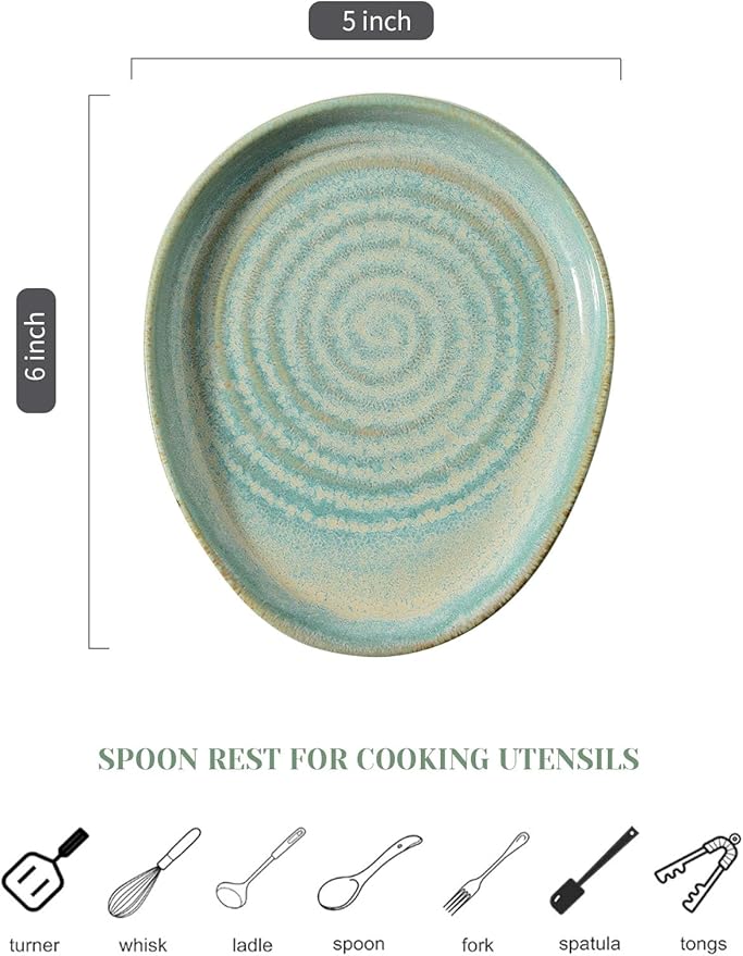 Ceramic Spoon Rest for Stove Top, Spoon Holder for Kitchen Counter, Farmhouse Cooking Utensil Holder for Spoons, Ladles, Spatula, Lake Blue