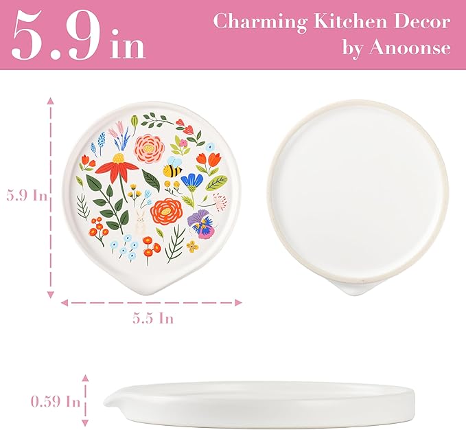 Ceramic Spoon Rest for Stove Top - Cute Spoon Holder for Kitchen Counter - White Coffee Spoon Rest Utensil Rest Spatula Rest - Farmhouse Kitchen Counter Decor (Floral Spoon Rest)