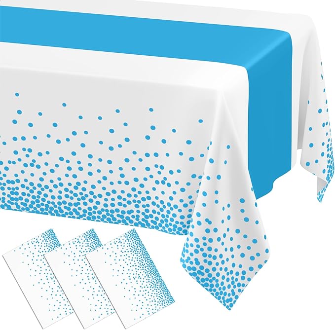 Smiry Plastic Table Cloth Disposable 3 Pack, 54 x 108 Inch Rectangle Waterproof Tablecloth, Printed Gold Table Runner Style for Birthday Weeding, Party Decorations, Leakproof & Sturdy, White and Aqua