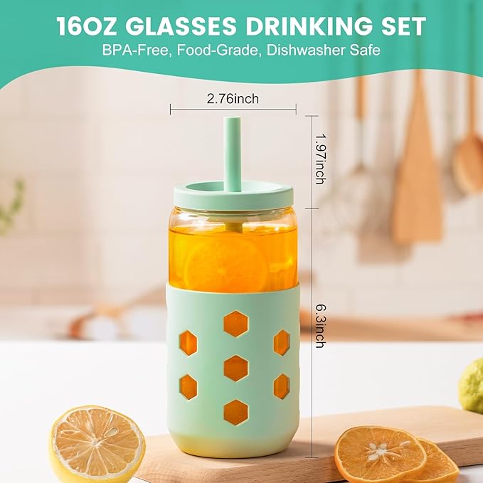 Mrsdry Glass Cups with Lids and Straws (4 Pack), 16oz Drinking Glasses Set with Silicone Sleeves for Coffee Bar Accessories Iced Coffee Cups with Lids, Glass Tumbler Reusable for Gifts